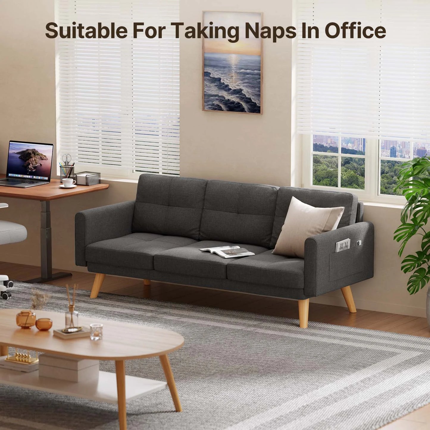 68"  and Couch with Side Storage Pocket and 4" Thick Cushions for Living Room, Dark Gray Modern Home Furniture