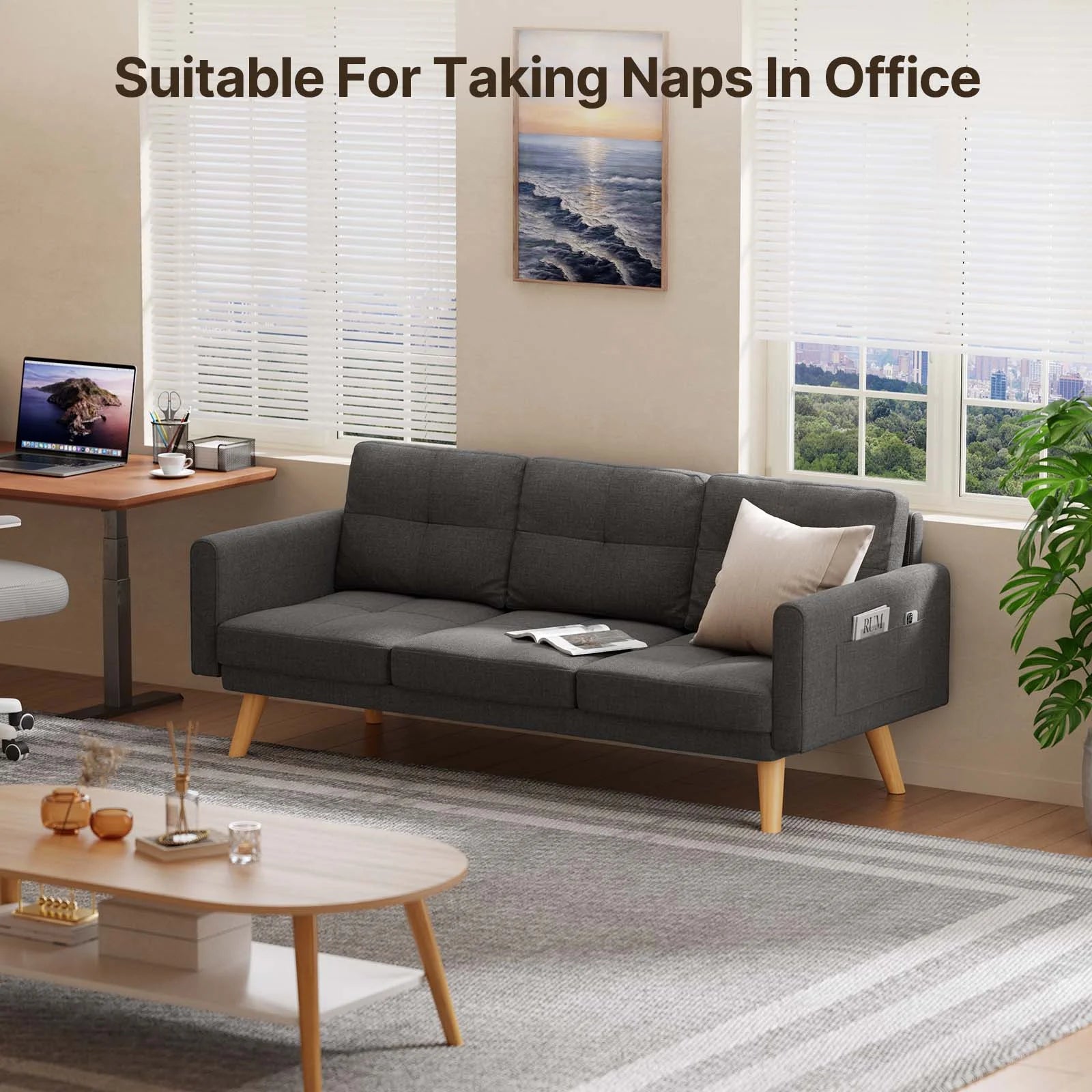 68"  and Couch with Side Storage Pocket and 4" Thick Cushions for Living Room, Dark Gray Modern Home Furniture