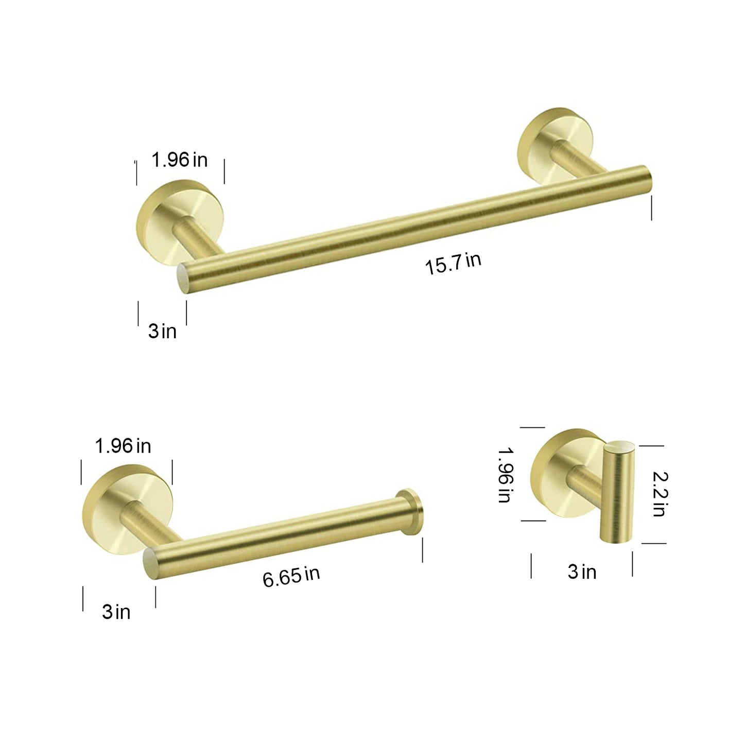 3-Pieces Bathroom Hardware Accessories Set - Towel Bar, Toilet Paper Holder, Robe Towel Hooks