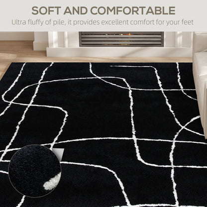 Modern Fluffy Area Rug, Geometric Pattern Washable Rug, Soft High Pile Floor Carpet For Living Room, Bedroom, Dining Room, Home Office, 170 X 120 Cm, Black