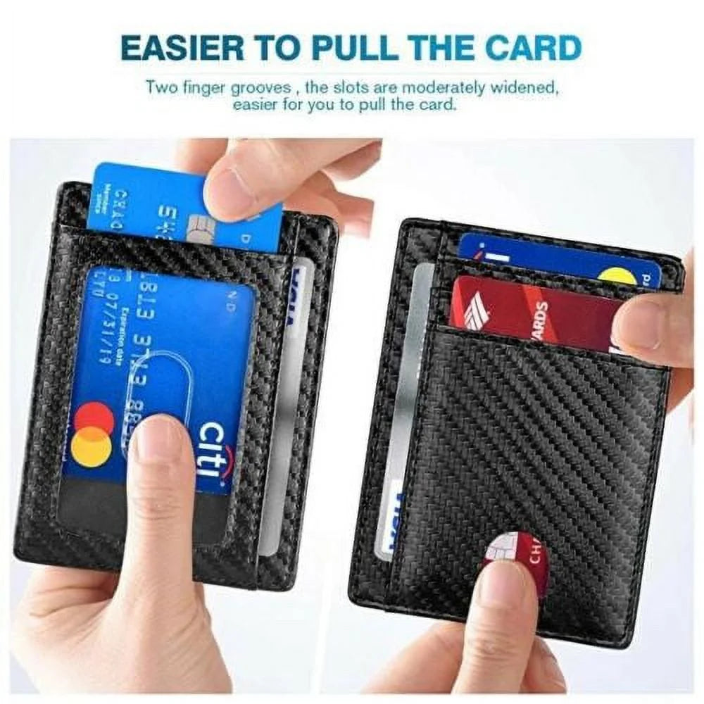 Slim Minimalist Front Pocket RFID Blocking Leather Wallets for Men Women Carbon Fiber