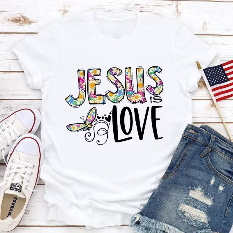 Jesus Love Print Women T Shirt Short Sleeve O Neck Loose Women Tshirt Ladies Tee Shirt Tops Clothes Camisetas Mujer