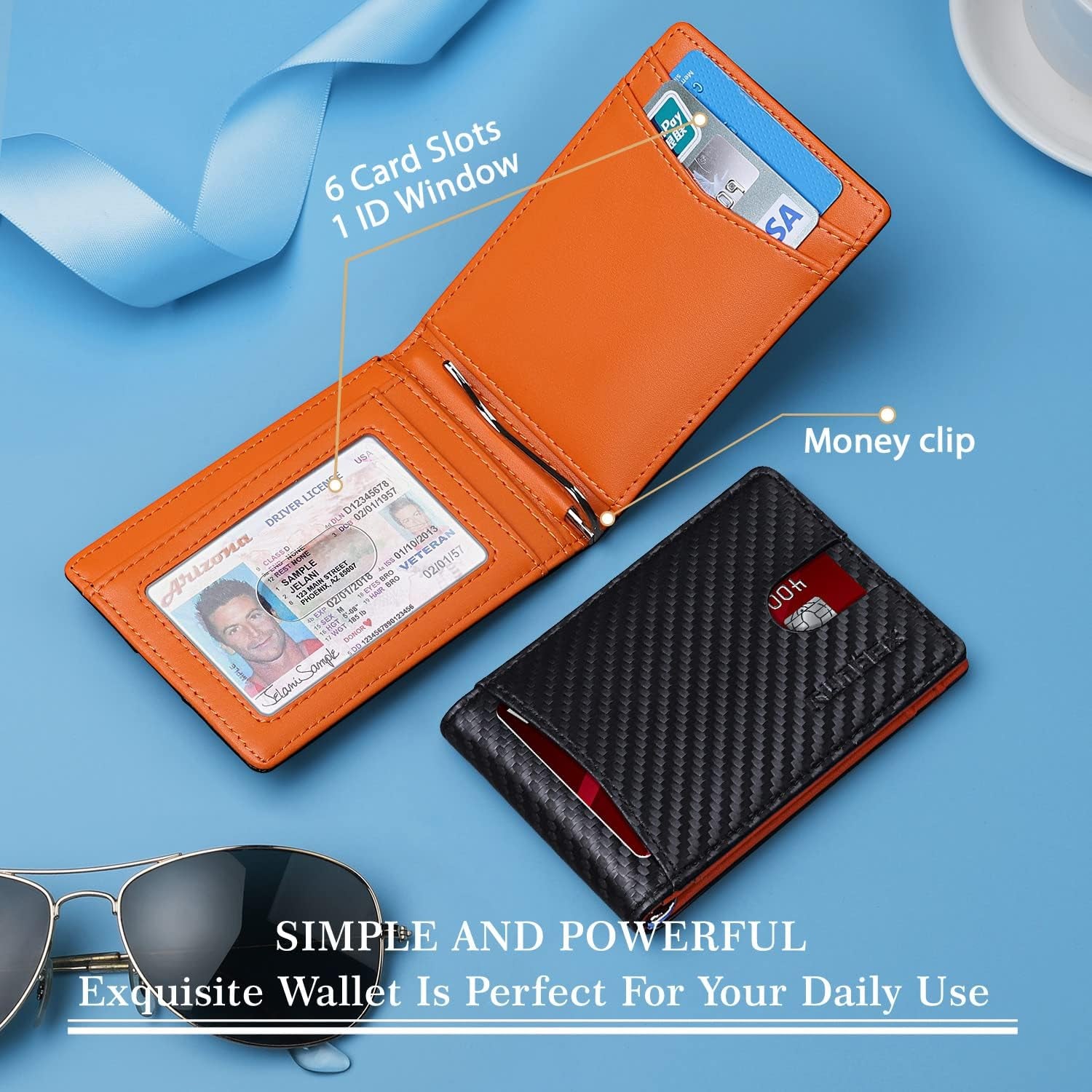 Slim Wallets for Men with RFID Blocking & Minimalist Mens Front Pocket Wallet Leather Black&Inner Orange