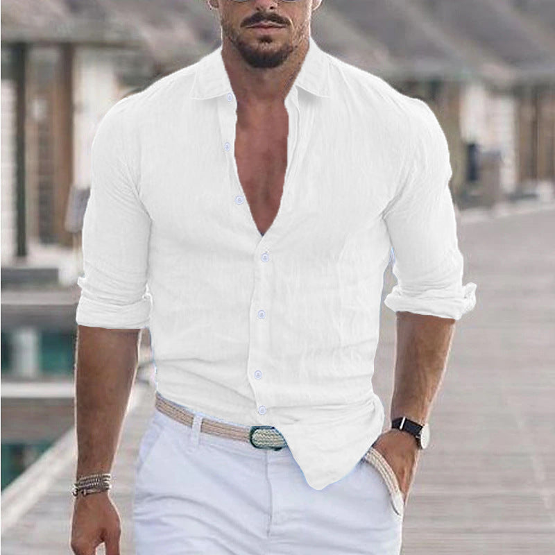 Men's Cotton And Linen Lapel Long Sleeve Solid Color Shirt