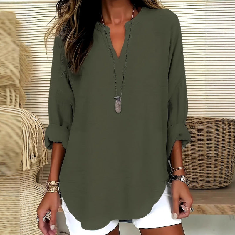 Cotton And Linen Loose Casual Stand Collar Shirt