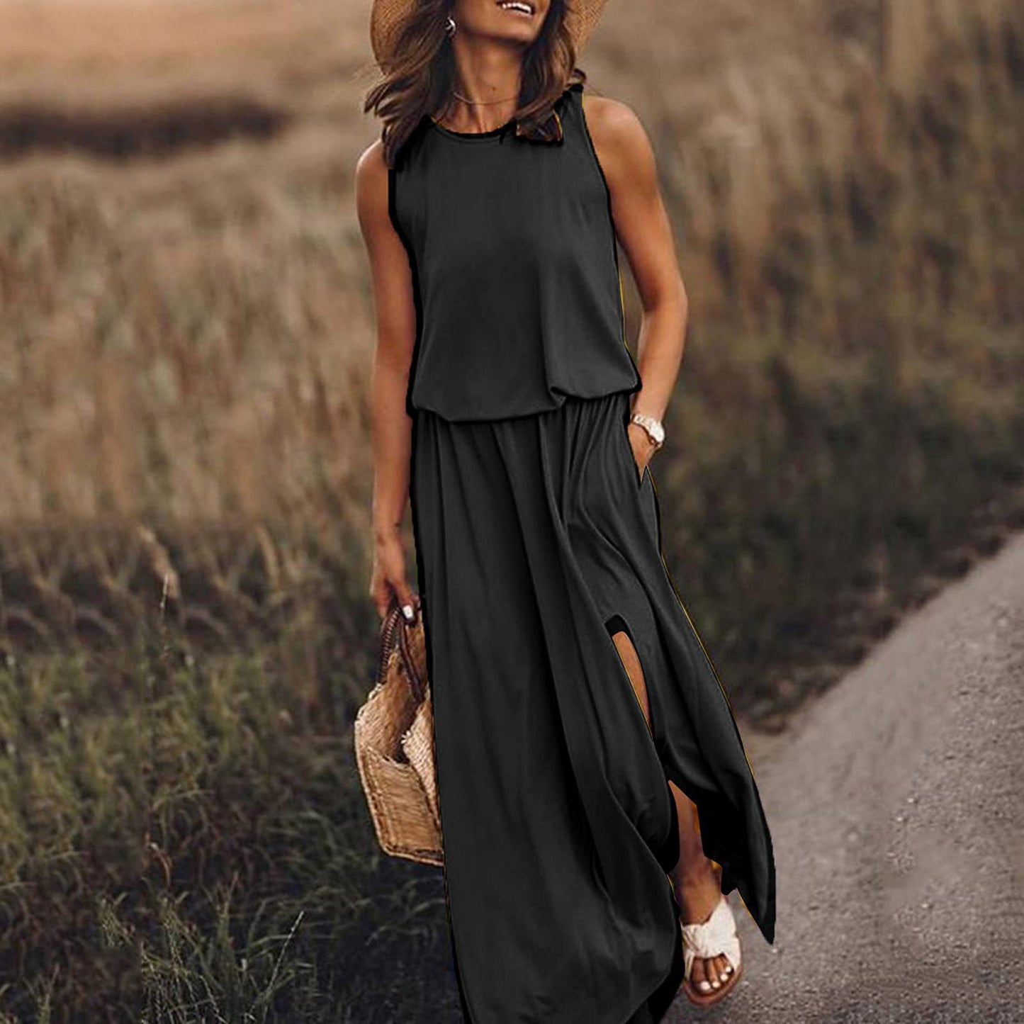 Women Summer Dresses Fashion Side Slit Long Dress With Pockets Vestidos Solid Casual O-Neck Sleeveless A-Line Sundress For Holiday