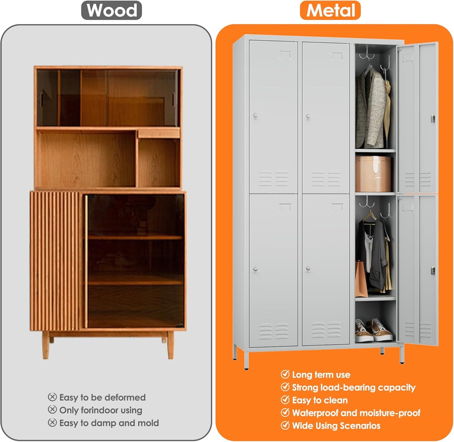 6 Doors Employee Locker With 18 Hooks,Industries Double Tier Metal Locker For School Office Gym Home Employees Staff Sundries Room