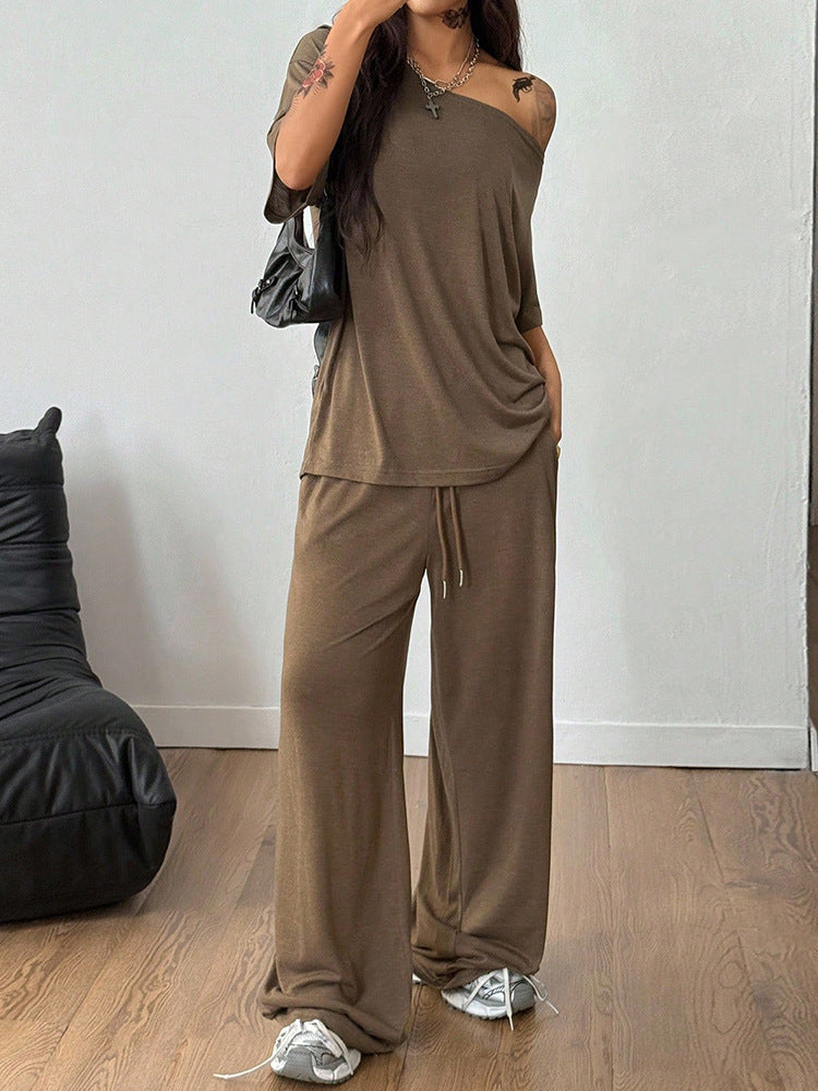 Women's Casual Solid-Color Sports Two-Piece Set With Loose-Fit Trousers