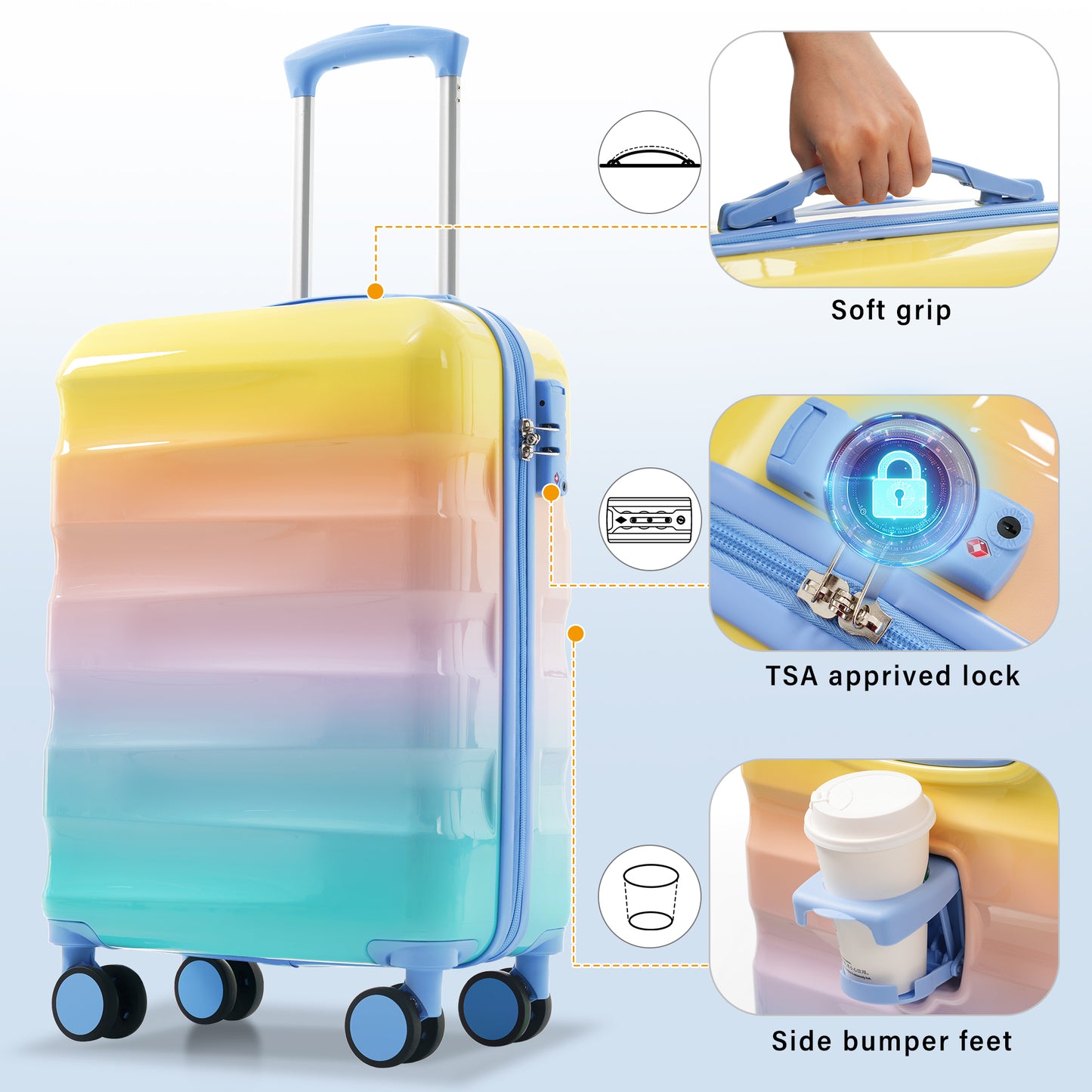 20 Carry-on Luggage With Cup Holder  Lightweight Glossy Hardshell Suitcases With Spinner Wheels, TSA Lock, Airline Approved, 2 Piece Set