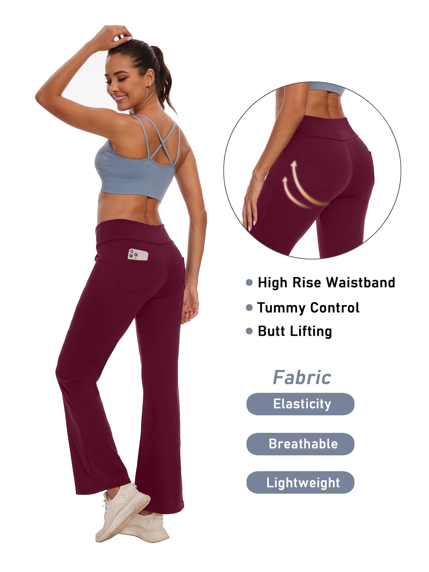 Womens Bootcut Yoga Pants with Pockets Flare Workout Legging High Waist Lightweight Bottoms Activewear Dark Red M