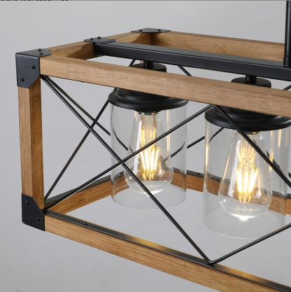 32 Inch Walnut Industrial Farmhouse Rectangle Pendant Light, 5-Light Chandelier With Lampshades For Dining Room, Kitchen Island, Cafe Decor No Bulbs