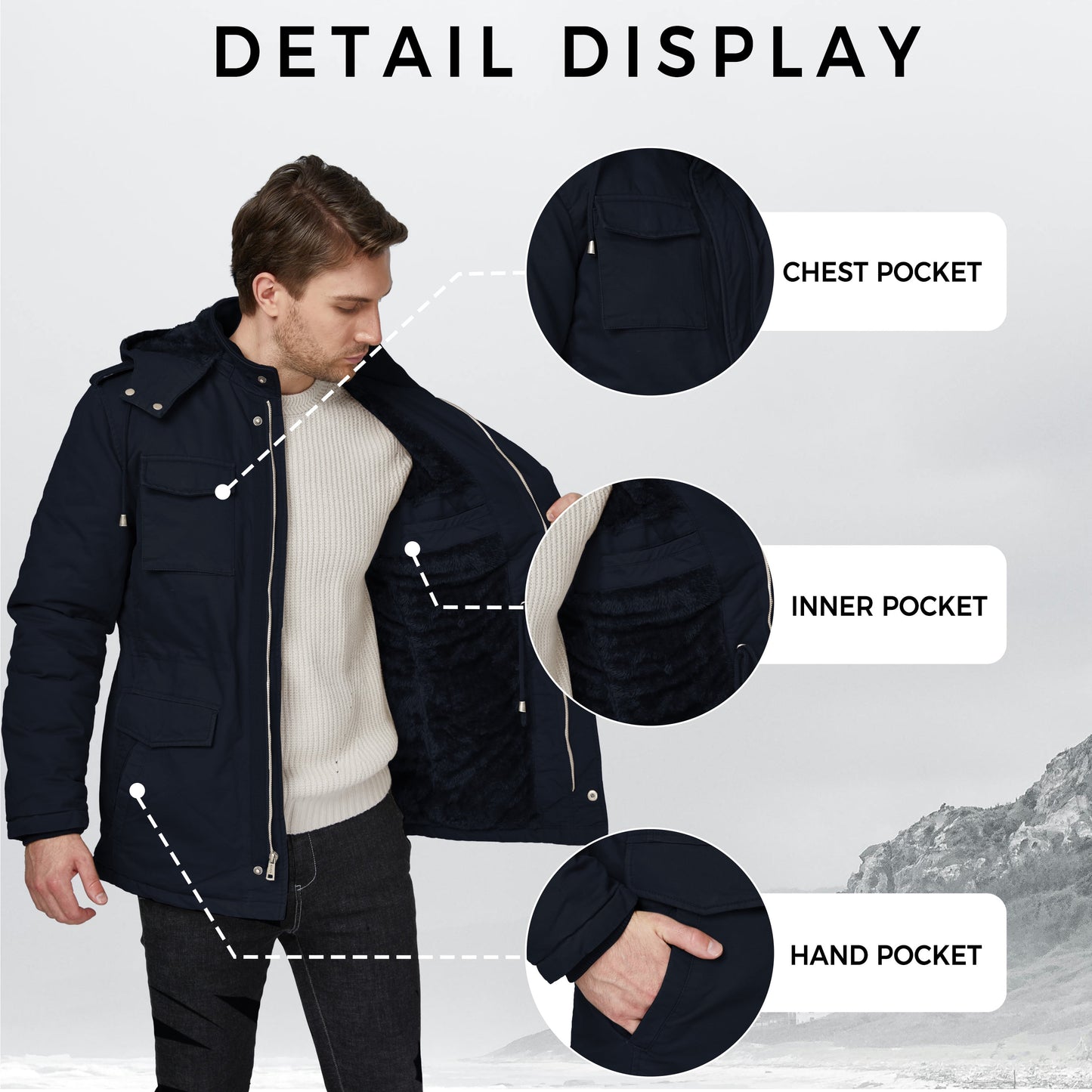 Men'S Winter Coat Warm Puffer Jacket Hooded Windproof Ski Outerwear Jacket Navy M