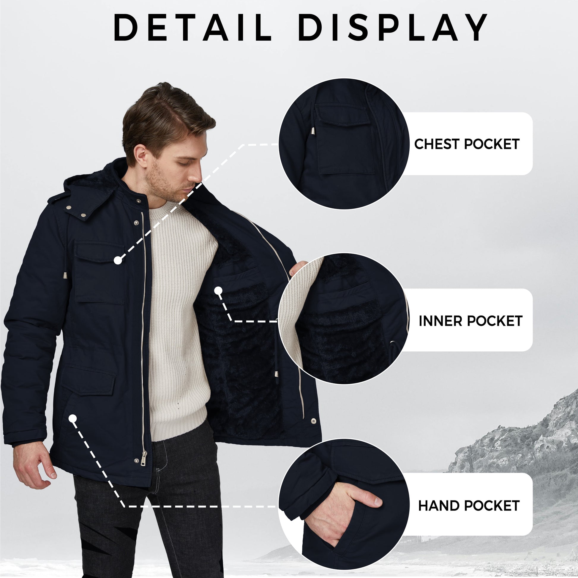 Men'S Winter Coat Warm Puffer Jacket Hooded Windproof Ski Outerwear Jacket Navy M