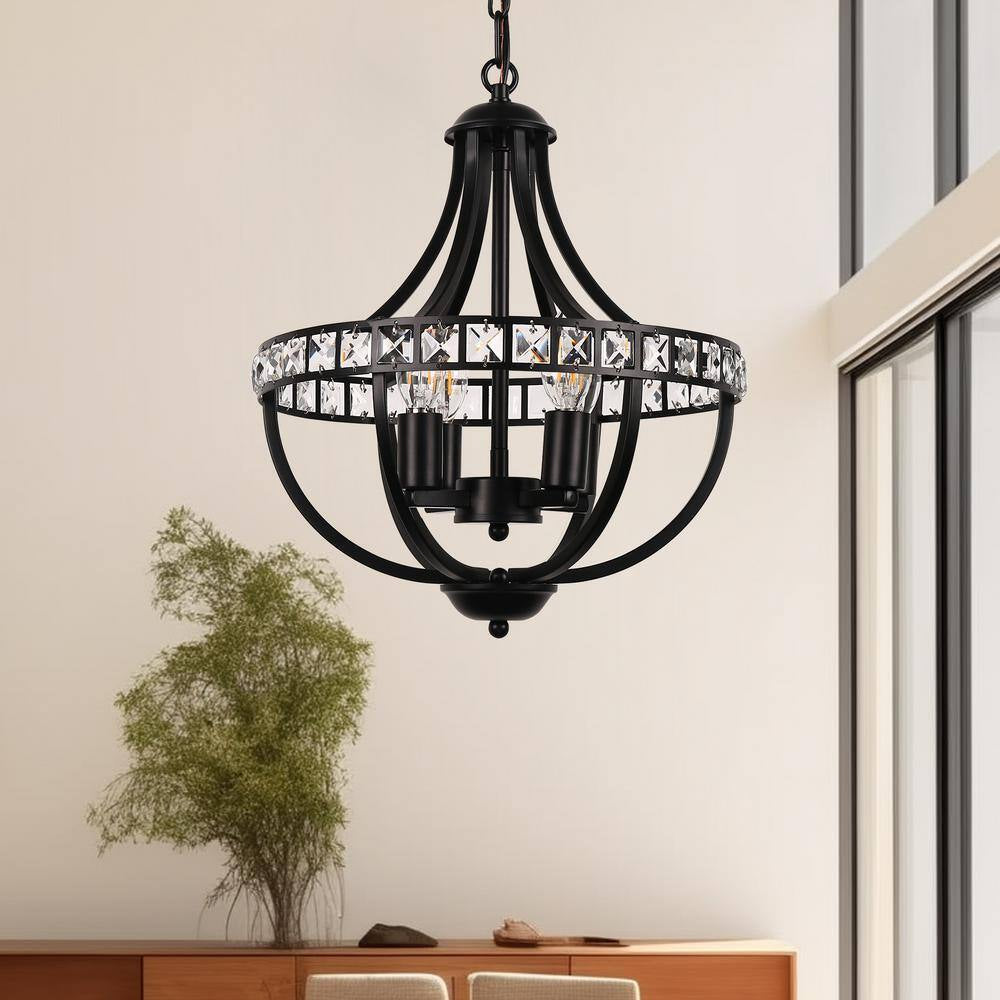 4-Light Black Crystal Candlestick Hardwired Chandelier for Living Room