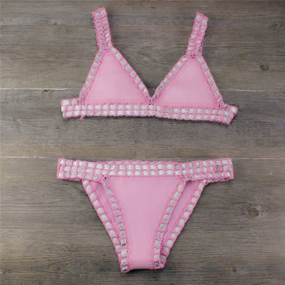 Sexy Hand Crochet Colorful Bikini Set, Spell Color Rubber, Ladies Knitted Swimwear