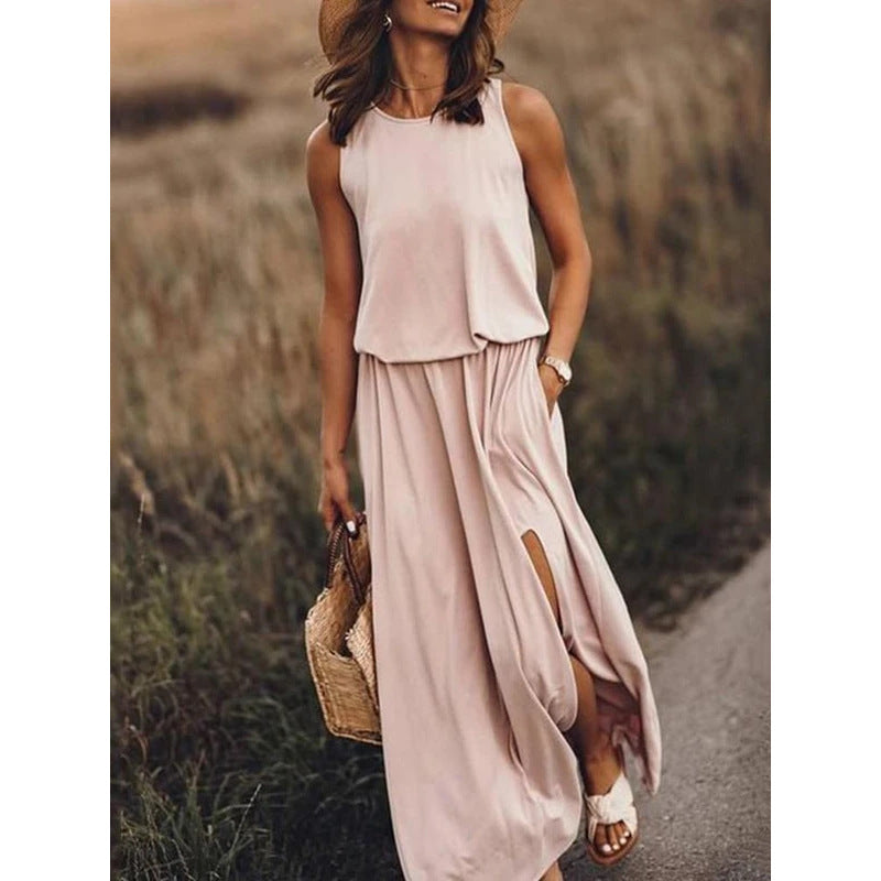 Women Summer Dresses Fashion Side Slit Long Dress With Pockets Vestidos Solid Casual O-Neck Sleeveless A-Line Sundress For Holiday