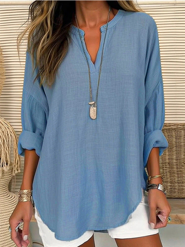 Cotton And Linen Loose Casual Stand Collar Shirt