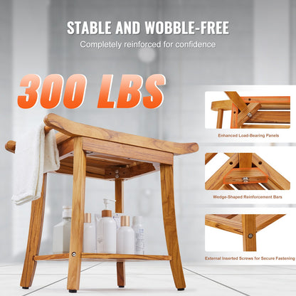Teak Shower Bench, 22 X 14.4 X 18.5 In, Waterproof Wood Shower Stool With Storage Shelf Handle Non-Slip Feet, 300 Lbs Maximum Load Capacity Shower Chair Seat, For Bathroom Indoor And Outdoor Use