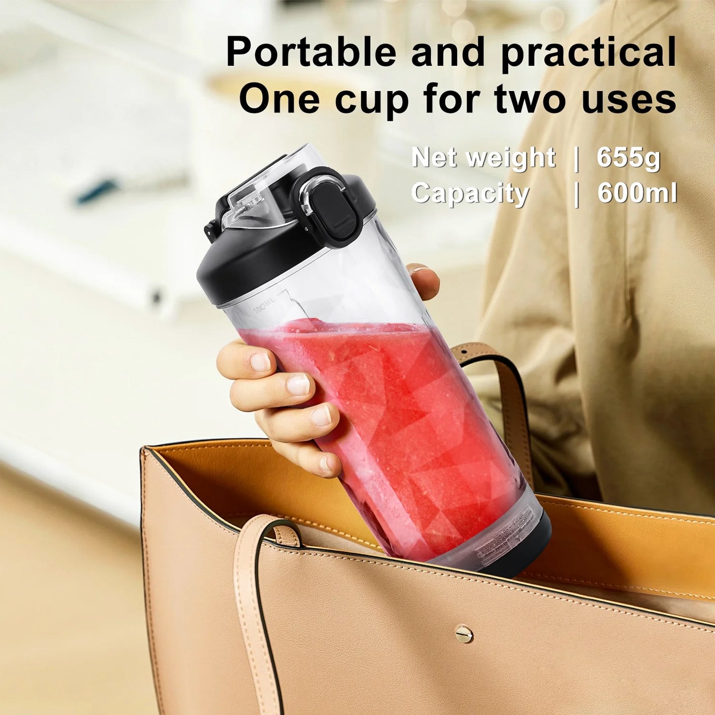 Portable Blender for Smoothies, 20Oz Small Personal Blender with Travel Lid, USB Rechargeable, Single Serve Fruit Mixer for Kitchen, Black