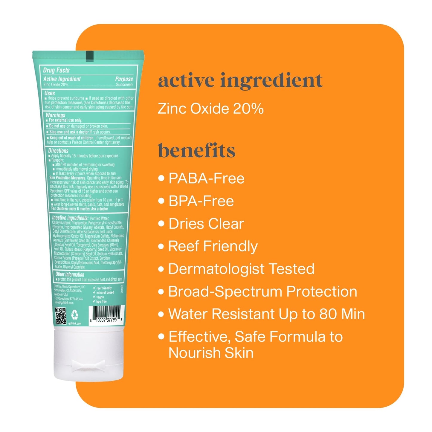 Thinksport Kids Sunscreen SPF 50 Water Resistant 3.01 Oz Mineral Formula