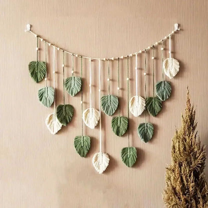Macrame Wall Hanging,Leaves Woven Tapestry, Feather Handmade Tassels Boho Wall Decor,Leaves Art Decorations for Nursery Bedroom Living Room Apartment Home Backdrop