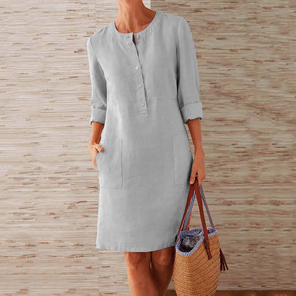 Plus Size Women's Cotton And Linen Round Neck Long Sleeve Dress