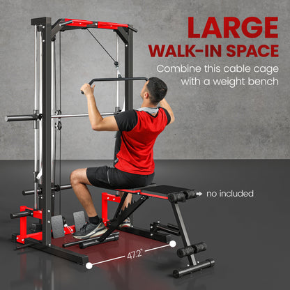 Smith Machine Power Rack with Pull Up Bar, Lat Pull Down System, Landmine, Squat Rack, Barbell Bar, for Home Gym