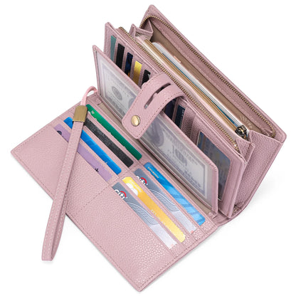 Women Wristlet Wallets Large Capacity RFID Blocking Leather Wallets Credit Cards Organizer with Checkbook Holder