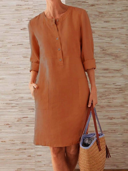 Plus Size Women's Cotton And Linen Round Neck Long Sleeve Dress