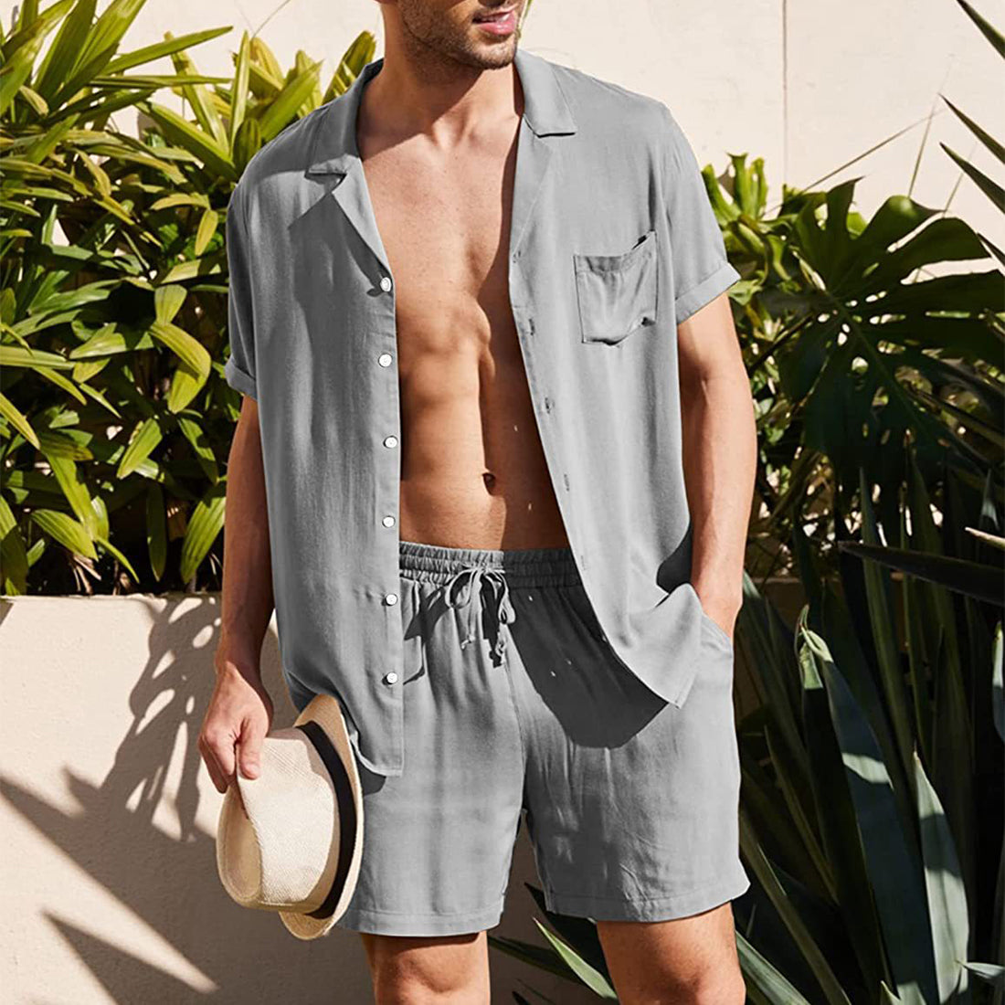 Men's Short Sleeve Shirt Suit Summer Lapel Button Top With Pocket And Drawstring Shorts Fashion Beach Suits