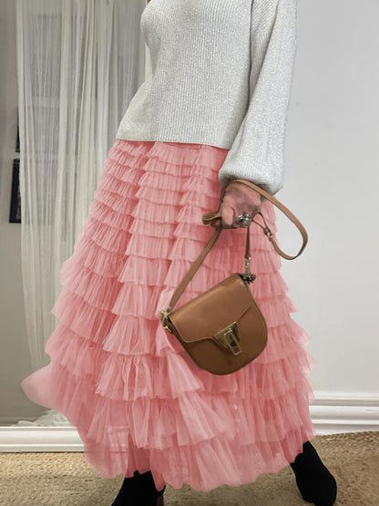 Layered Ruffles Cake Skirt Summer Fashion A Line Swing Mesh Long Skirt Party Dress Women
