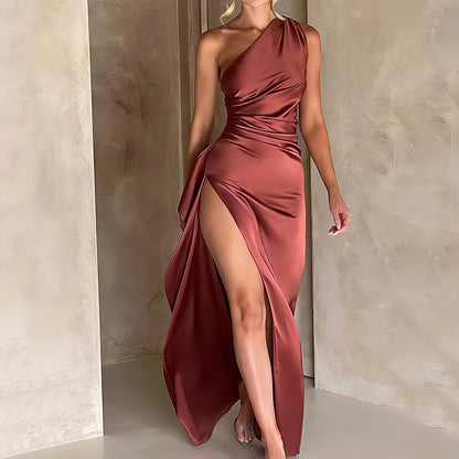 Women's Shoulder Slit Satin Dress Sleeveless