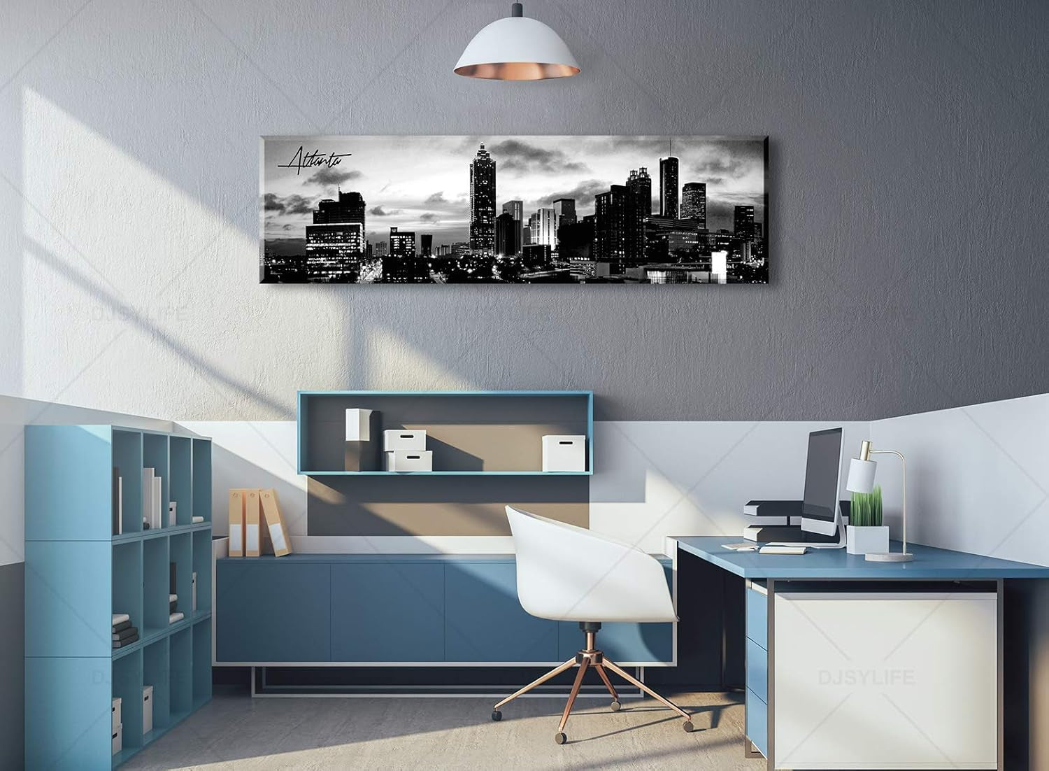 Atlanta Skyline Wall Art Cityscape Picture Decor Black and White Canvas Print Painting Artwork City Building Panoramic Night View Modern Decoration Office Study Bedroom Home Decorations 13.8"X47.3"