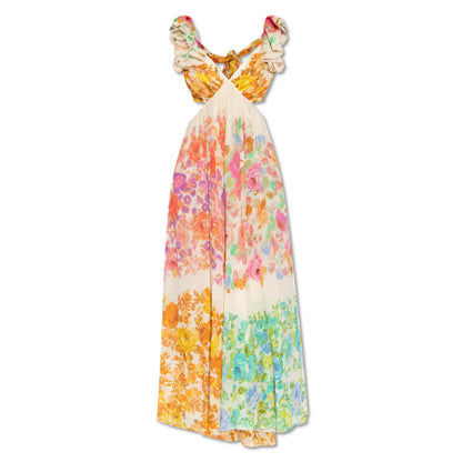 Fashion V-neck Ruffle Sleeve Long Dress Summer Romantic French-Style Flowers Print Bow-knot Backless Design Beach Vacation Dresses Womens Clothing