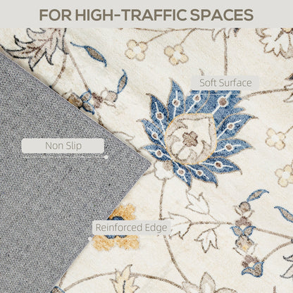 Machine Washable Area Rug 5x7, Non-Slip Boho Floral Print Floor Carpet For Living Room, Bedroom, Dining Room, Blue