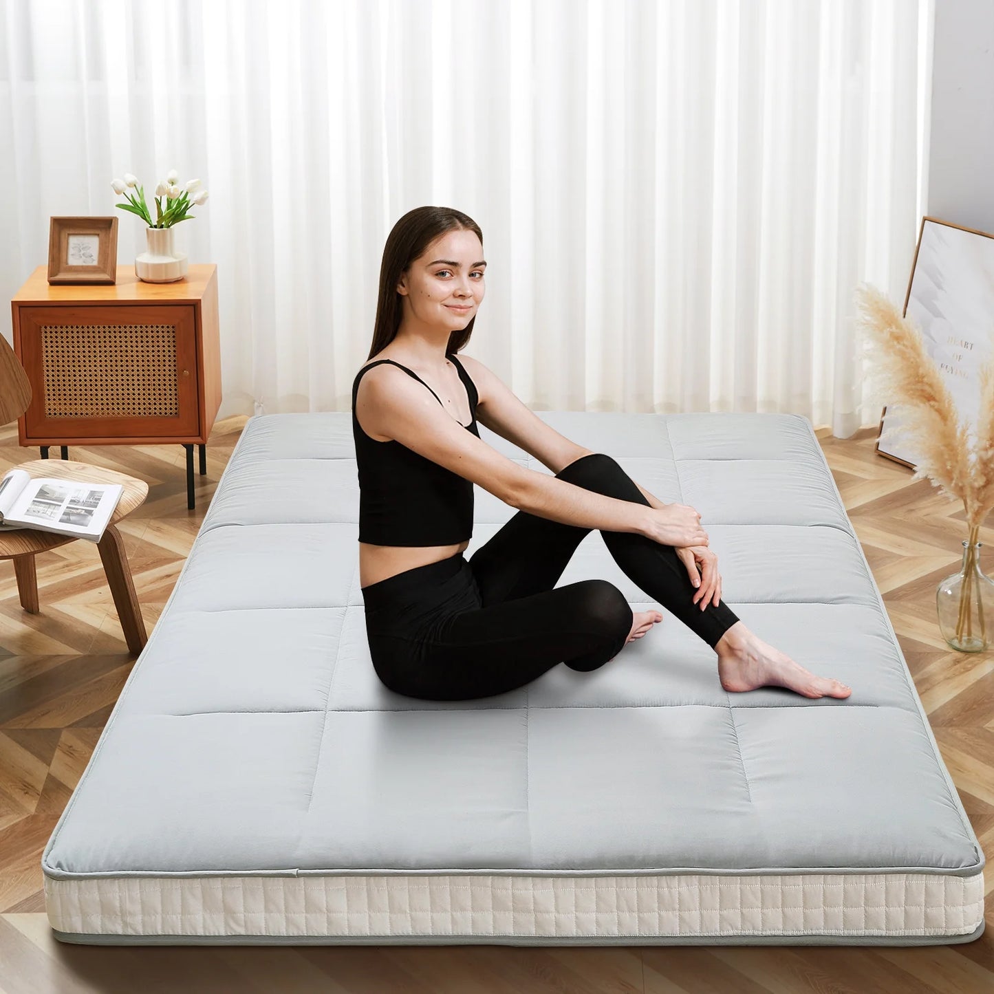 Gray Floor Mattress with Storage Bag Japanese Futon Mattress Extra Thick Folding Sleeping Pad Futon Mattress Portable Camping Mattress, Twin