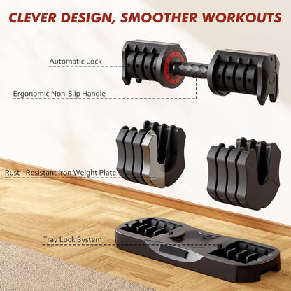 Adjustable Dumbbell Set Of 22.5LB Set-1Sec Adjustable Dumbbell Weights-5 In 1 Free Weights Dumbbells Set With Effortless Tray No-Slip Handle-Compact Size For Women Men At Home Gym
