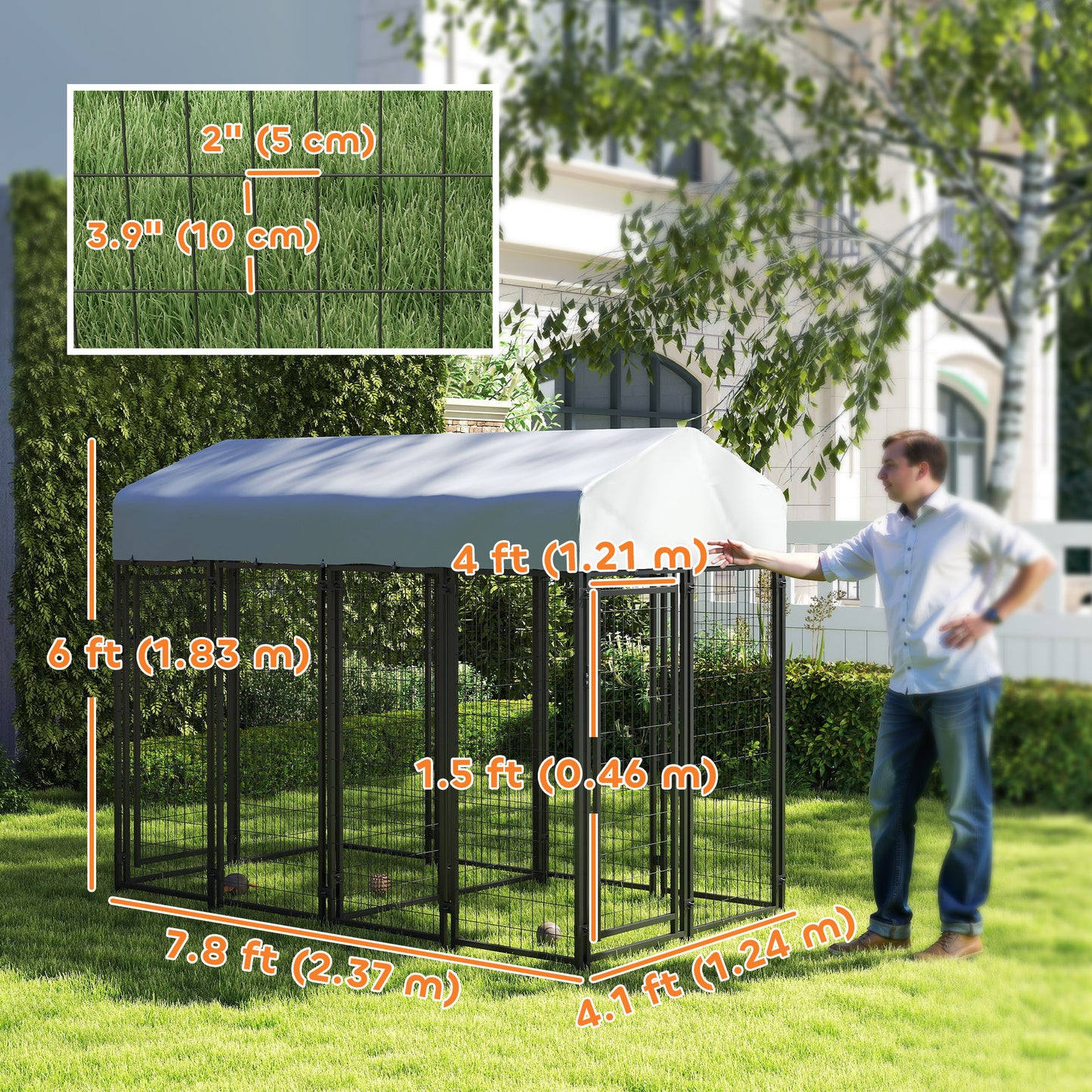 Outdoor Dog Kennel with Two-Room Design, Water-Resistant & Sun-Proof Cover, for S, M, L Dogs, 8' x 4' x 6'