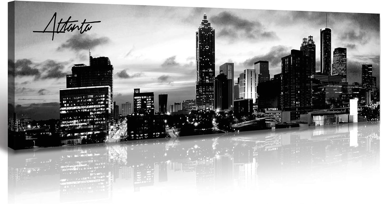 Atlanta Skyline Wall Art Cityscape Picture Decor Black and White Canvas Print Painting Artwork City Building Panoramic Night View Modern Decoration Office Study Bedroom Home Decorations 13.8"X47.3"