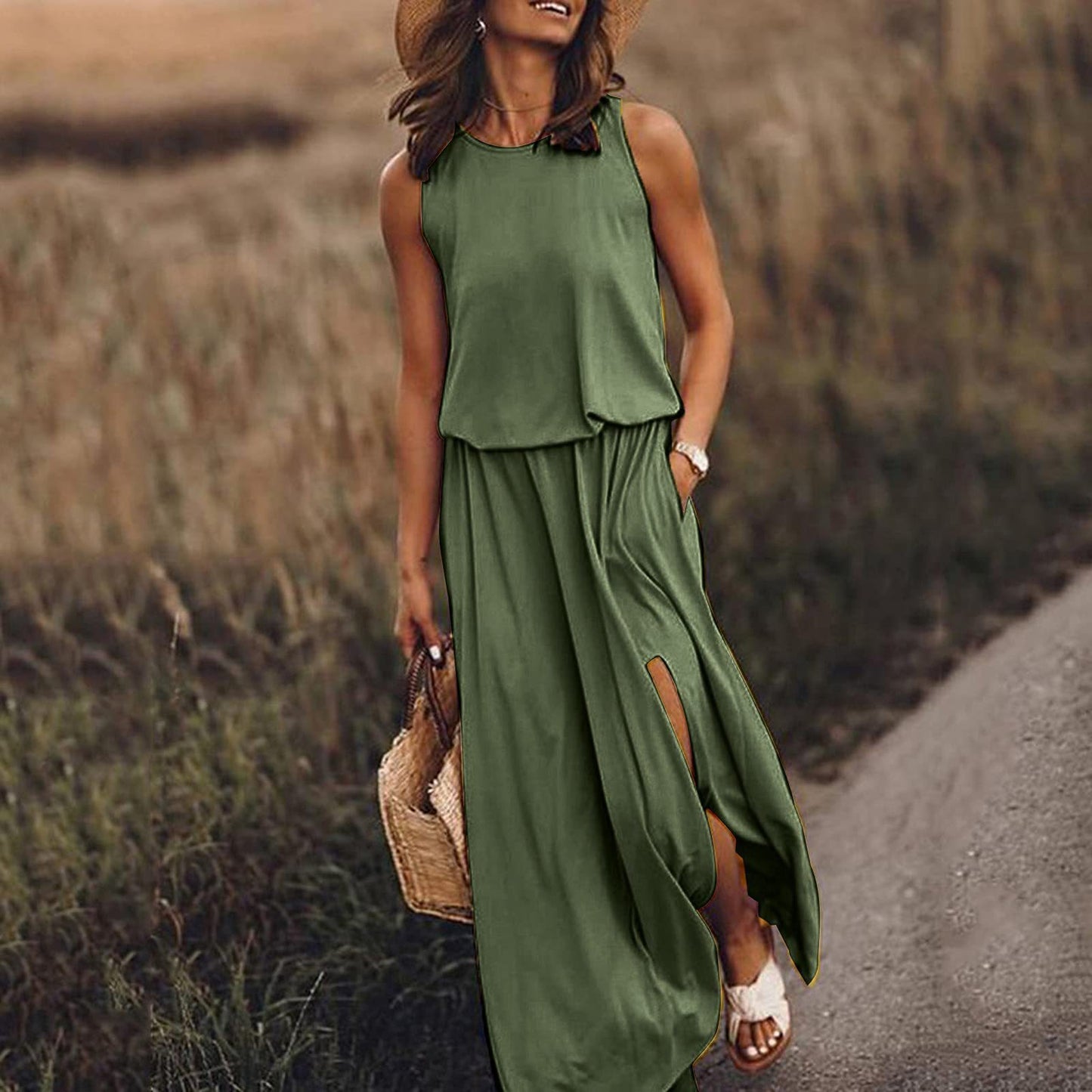 Women Summer Dresses Fashion Side Slit Long Dress With Pockets Vestidos Solid Casual O-Neck Sleeveless A-Line Sundress For Holiday