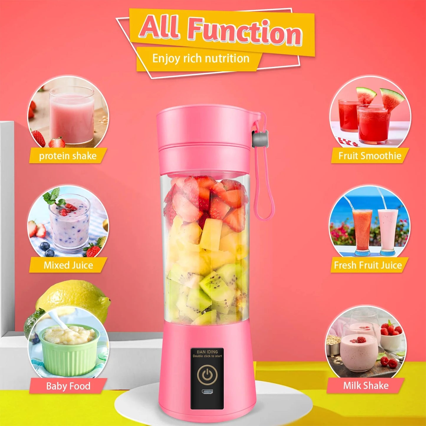 Portable Blender USB Rechargeable Personal Juicer Cup Small Fruit Juice Mixer for Shakes and Smoothies 350ML Capacity- Pink