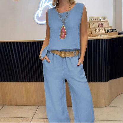 Women's Casual Round Neck Vest Cotton Linen Sleeveless Trousers Two-piece Suit