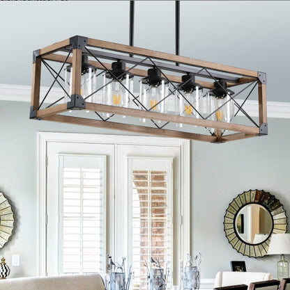 32 Inch Walnut Industrial Farmhouse Rectangle Pendant Light, 5-Light Chandelier With Lampshades For Dining Room, Kitchen Island, Cafe Decor No Bulbs