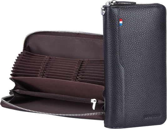 Mens Credit Card Wallet Long Wallet Genuine Leather Billfold Zip around Checkbook Wallet 27 Credit Card Slots