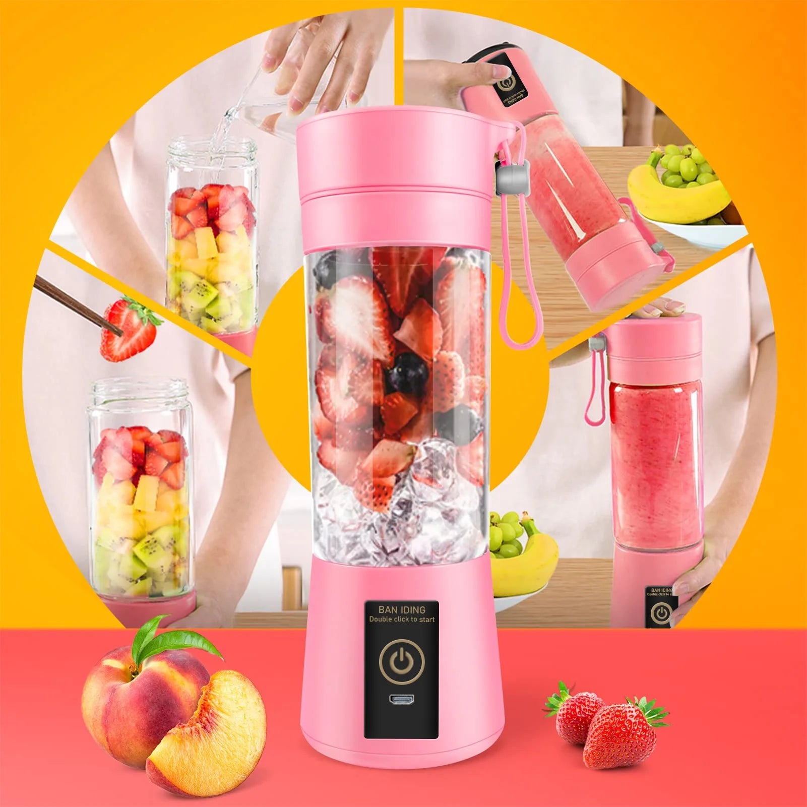 Portable Blender USB Rechargeable Personal Juicer Cup Small Fruit Juice Mixer for Shakes and Smoothies 350ML Capacity- Pink