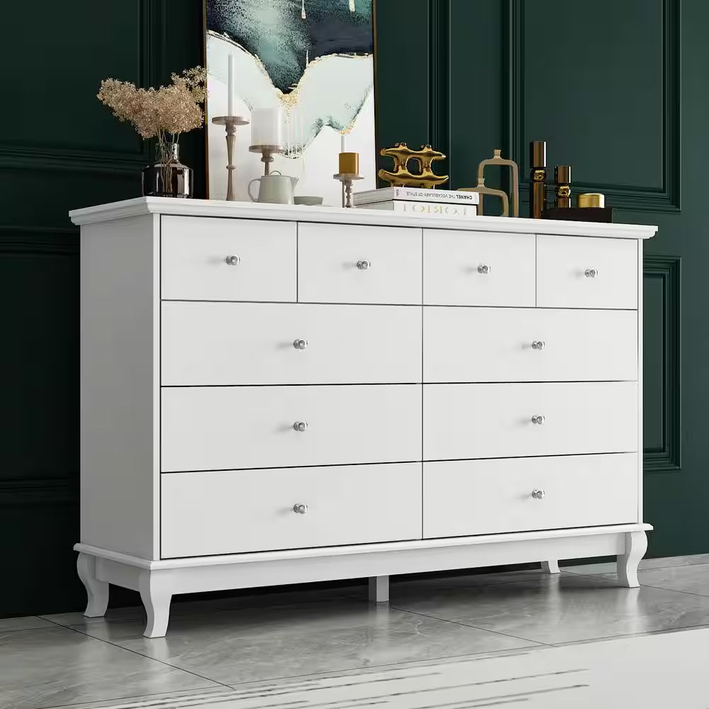 10-Drawer White Paint Finish Dresser Chest of Drawers Cabinet 35.4 In. H X 55.1 In. W X 15.7 In. D