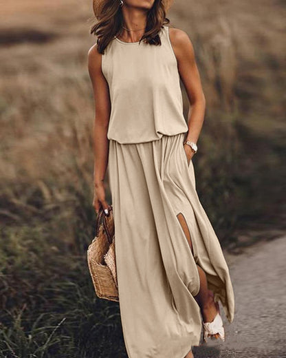 Women Summer Dresses Fashion Side Slit Long Dress With Pockets Vestidos Solid Casual O-Neck Sleeveless A-Line Sundress For Holiday