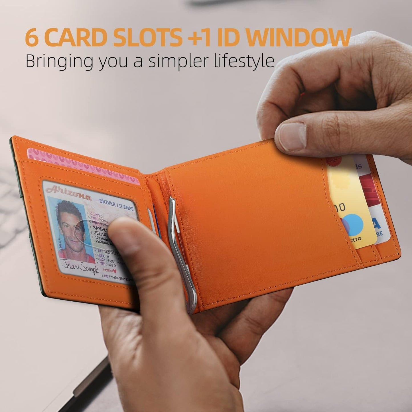 Slim Wallets for Men with RFID Blocking & Minimalist Mens Front Pocket Wallet Leather Black&Inner Orange