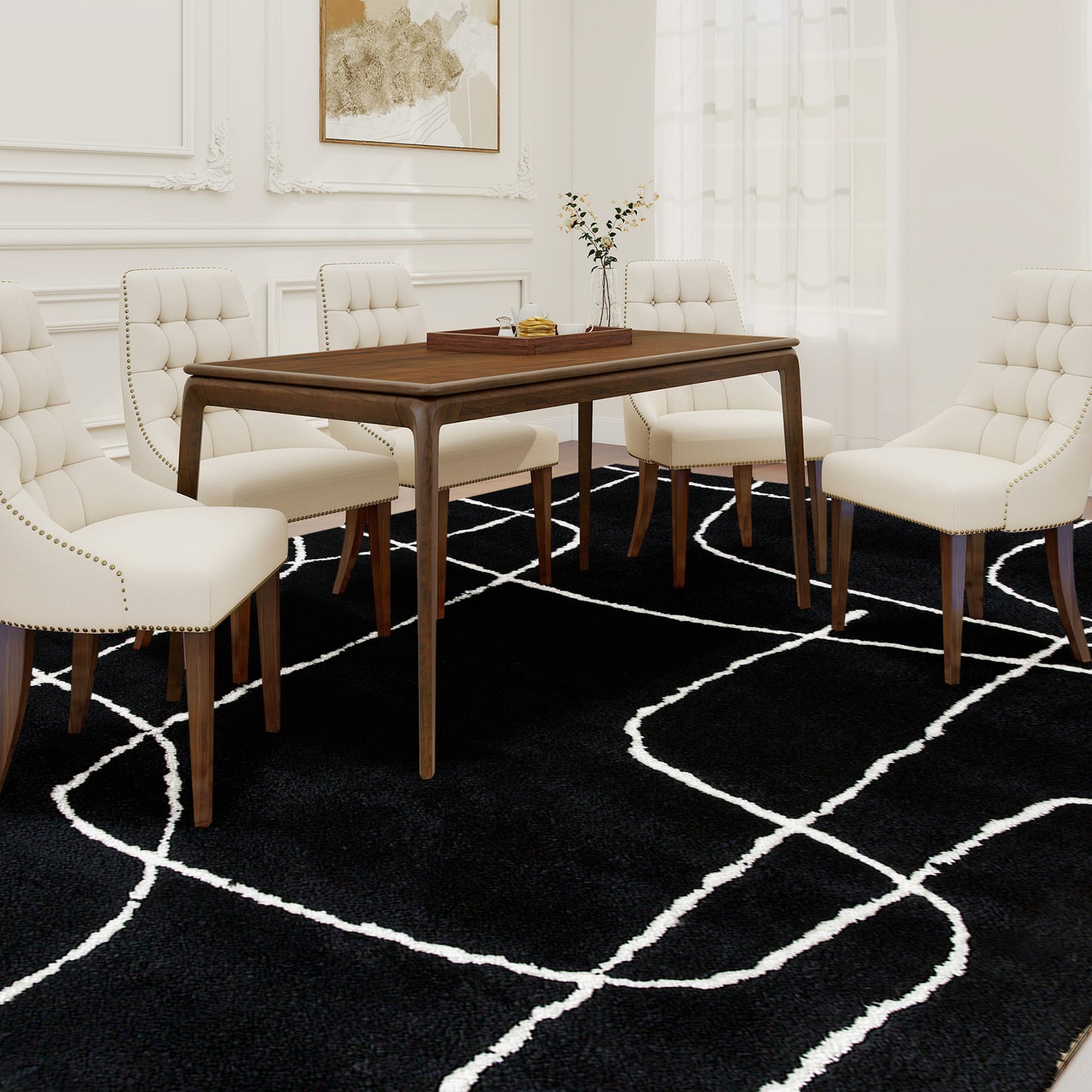 Modern Fluffy Area Rug, Geometric Pattern Washable Rug, Soft High Pile Floor Carpet For Living Room, Bedroom, Dining Room, Home Office, 170 X 120 Cm, Black