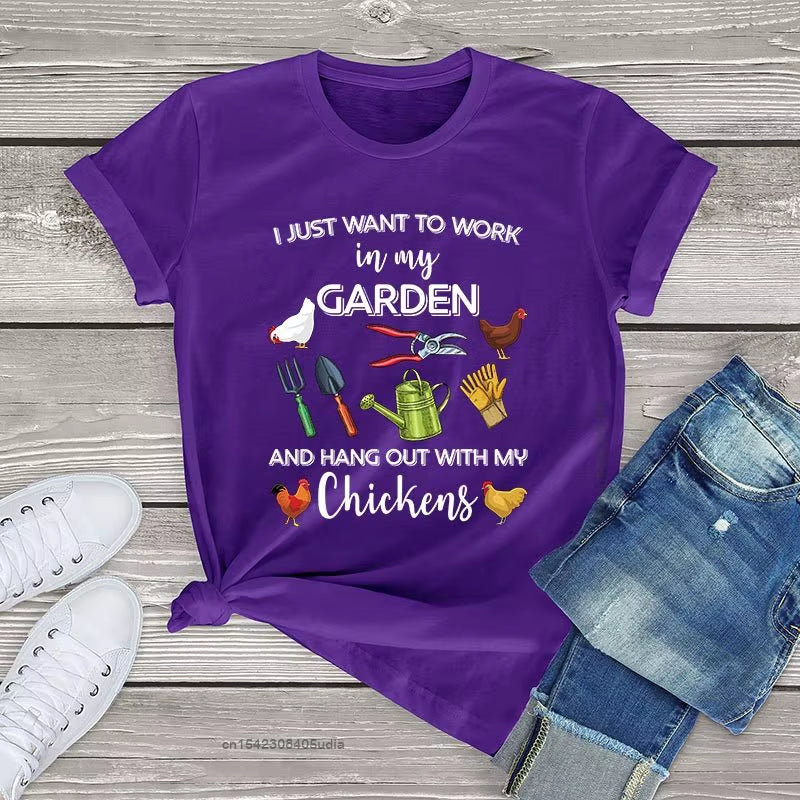 I Just Want to Work in My Garden and Hang Out with Chickens Graphic Women'S Tshirts Farmer Unisex T Shirt Men Women Kawaii Tops